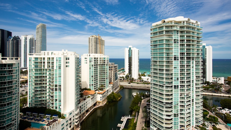 Buildings lining Intracoastal Waterway in Sunny Isles Beach