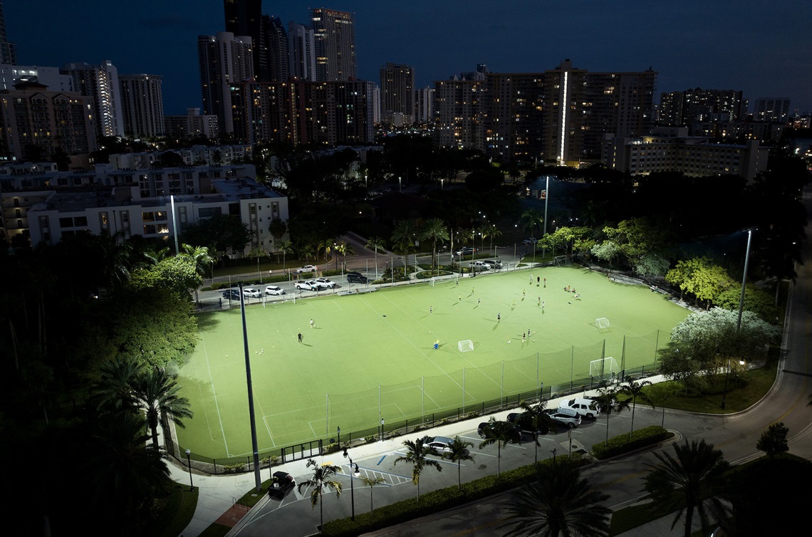 Senator Gwen Margolis Park Soccer Field lit up at night